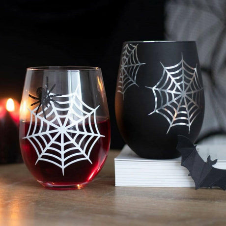 The Fashion Gift Shop: Spider and Web Stemless Wine Glasses Set of 2 for Halloween by Spirit of equinox, Stemless Wine Glass