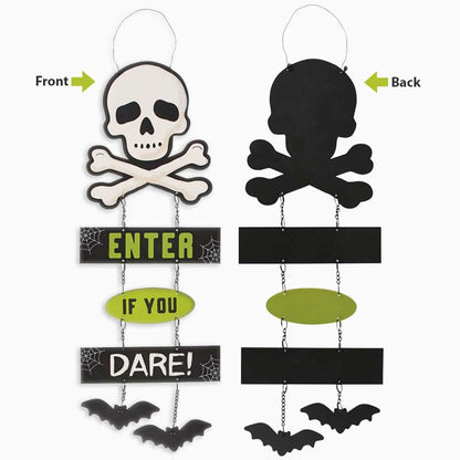Spooky Skull and Crossbones, Fly Bats Handing Halloween Decoration Sign - Halloween Sign by Spirit of equinox