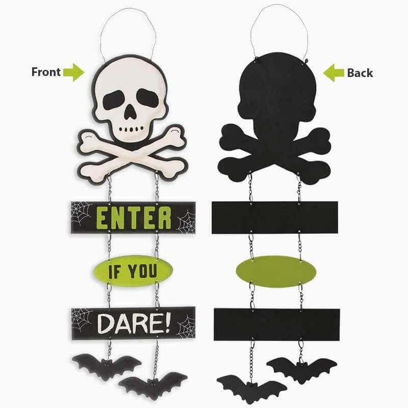Two-sided Halloween hanging sign: skull and crossbones with ENTER/IF YOU DARE and bats