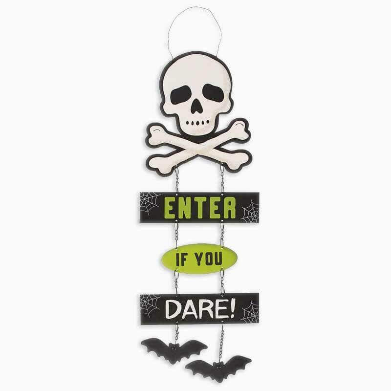 Halloween hanging sign with skull-and-crossbones, ENTER, IF YOU DARE, and flying bats