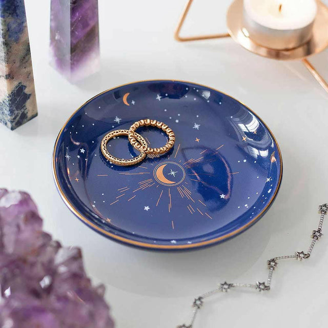 The Fashion Gift Shop: Stars and Moon Ceramic Blue Crescent Trinket Dish by Spirit of equinox, Jewellery Dish