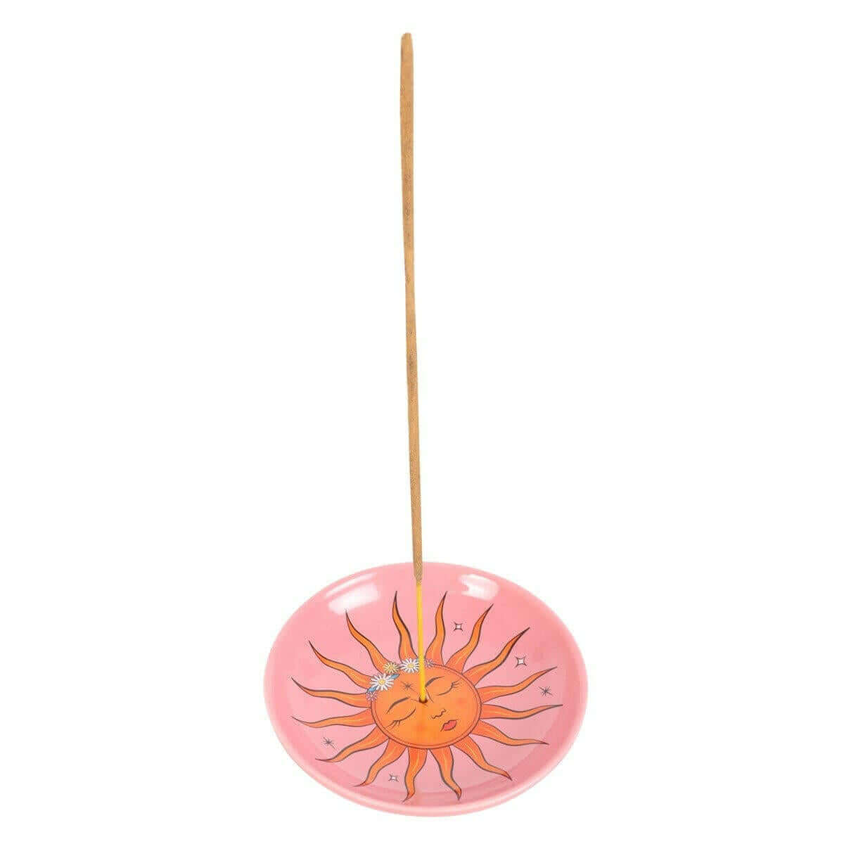 Pink sun incense holder with incense stick centered above sun graphic