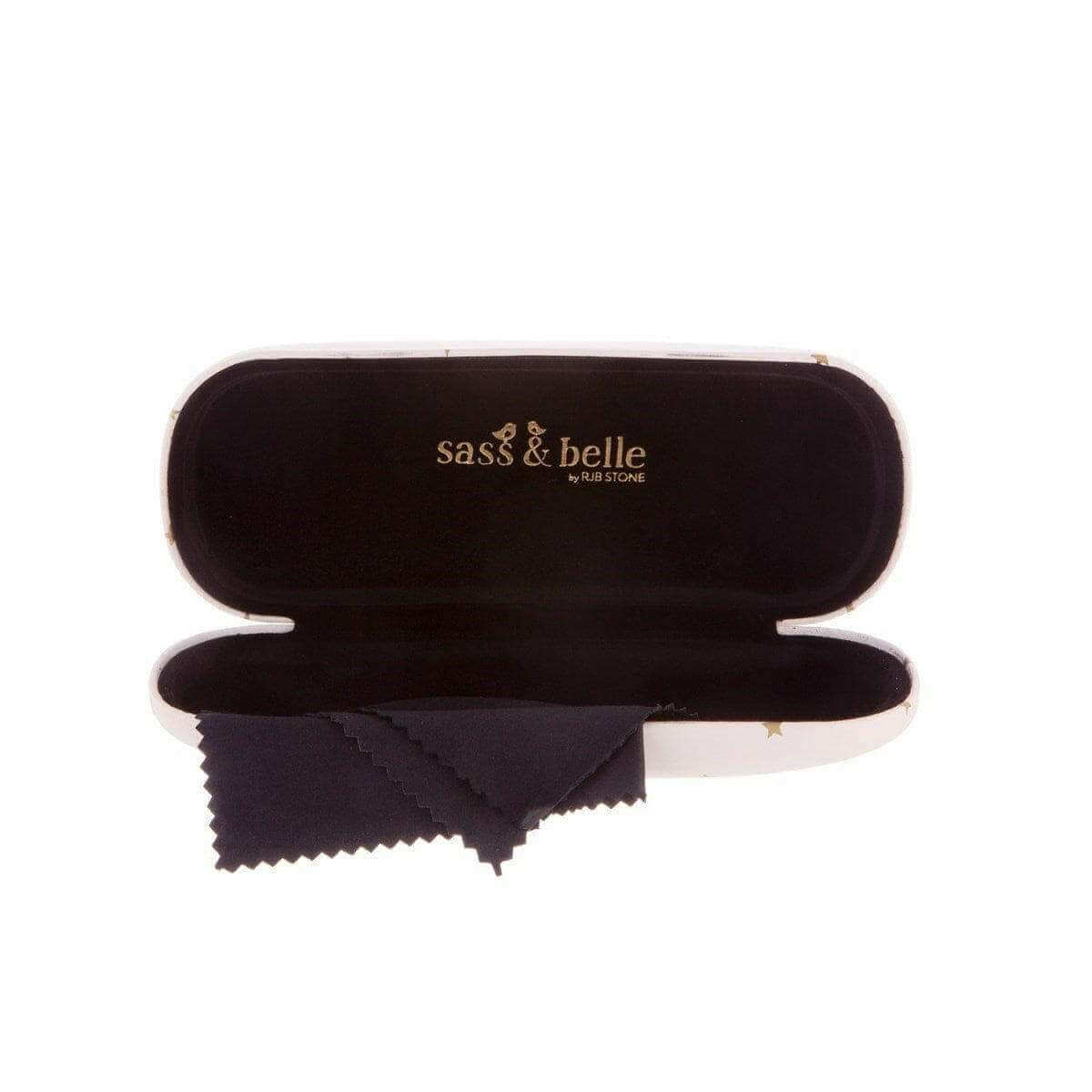 Dark glasses case with black fabric interior and folded cleaning cloth inside