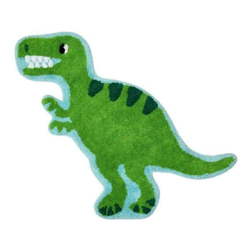 Green kids dinosaur T-Rex bedroom rug with light blue outline and open mouth