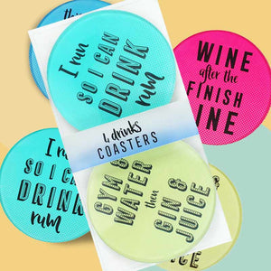 Fun slogan colourful glass coasters - set of 4 - Tea Coasters by Jones Home & Gifts