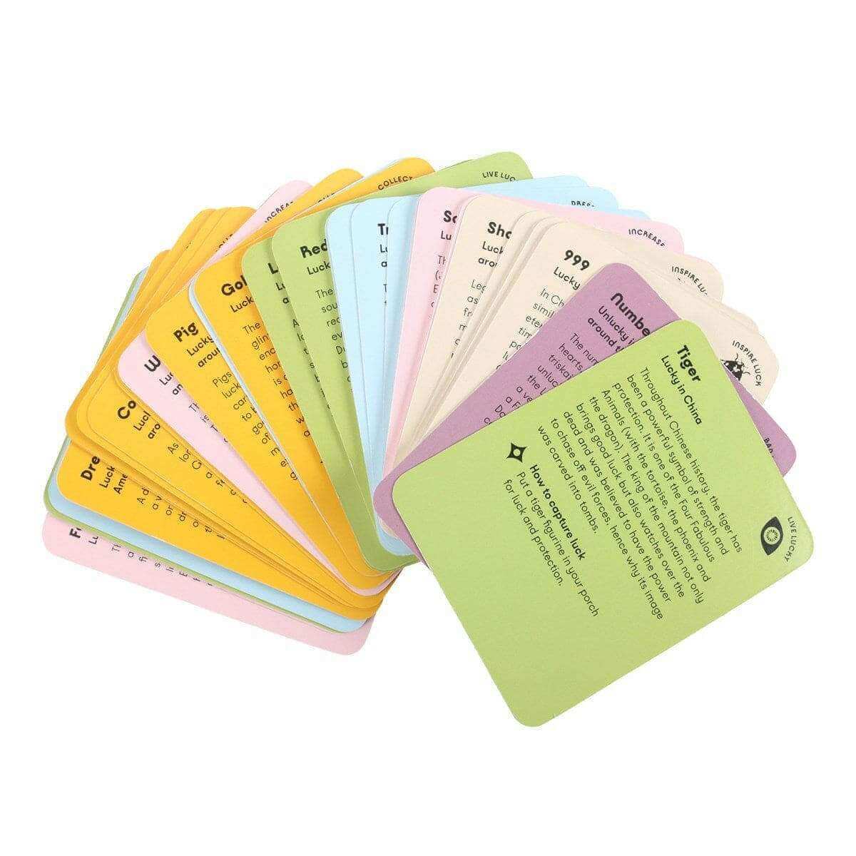 Fan of colorful tarot cards with rounded corners and different illustrated card faces