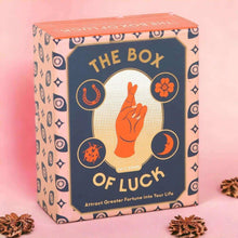 The Box of Luck tarot card box with patterned sides and orange top lid
