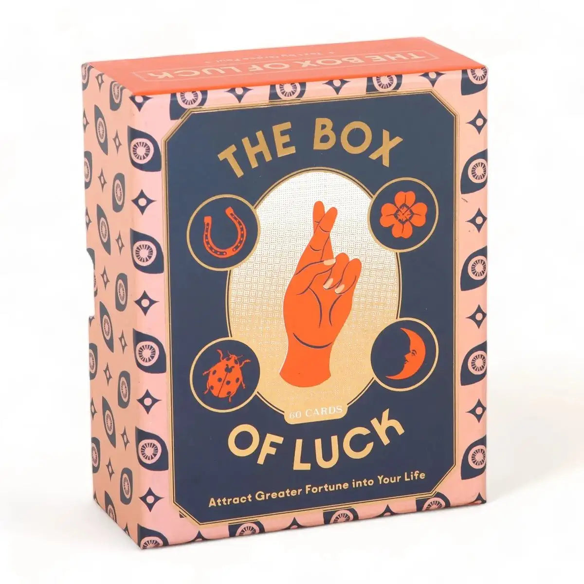 The Box of Luck tarot card box with front graphic of a hand and luck icons