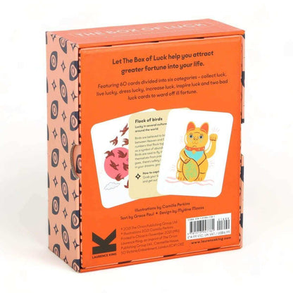 Tarot card deck box back view with orange panel, illustrations, and barcode area