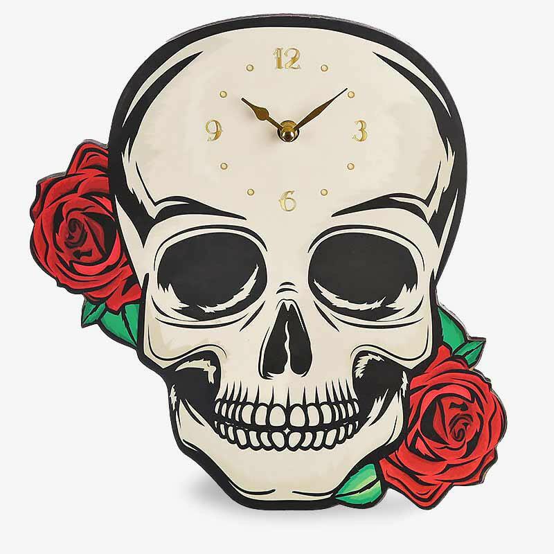 Decorative Skull Head and Red Rose Wall Clock Design by Spirit of equinox