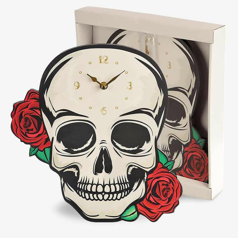 Decorative Skull Head and Red Rose Wall Clock Design by Spirit of equinox