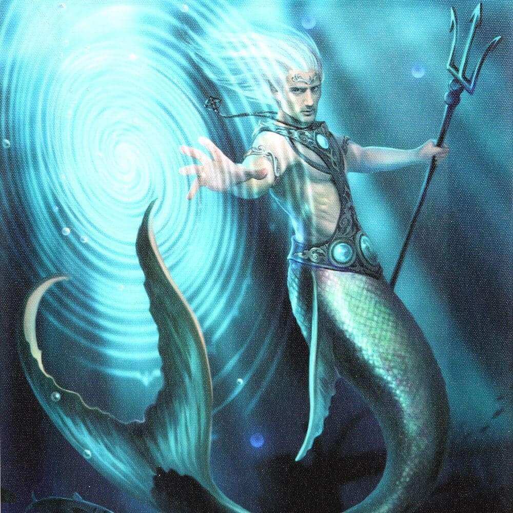 Close-up canvas wall art print of merman wizard holding trident, teal water vortex