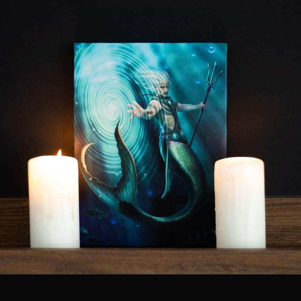 Canvas wall art print featuring merman wizard with trident and glowing blue water vortex