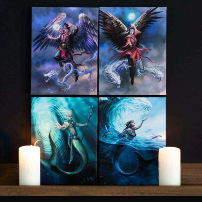 Four-panel canvas wall art set with angel and merman fantasy figures in blue tones