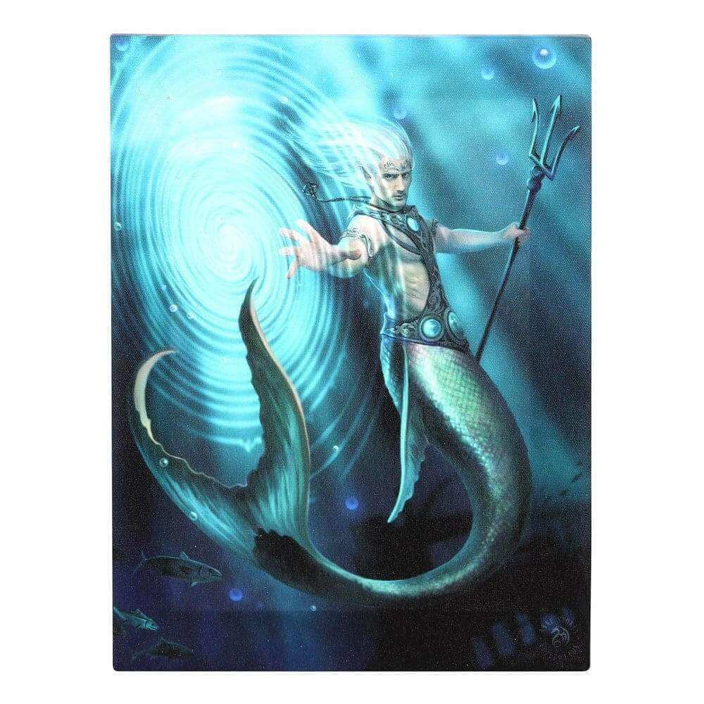 Canvas wall art print of merman wizard holding trident, teal water swirl and waves