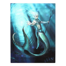 Canvas wall art print of merman wizard holding trident, teal water swirl and waves