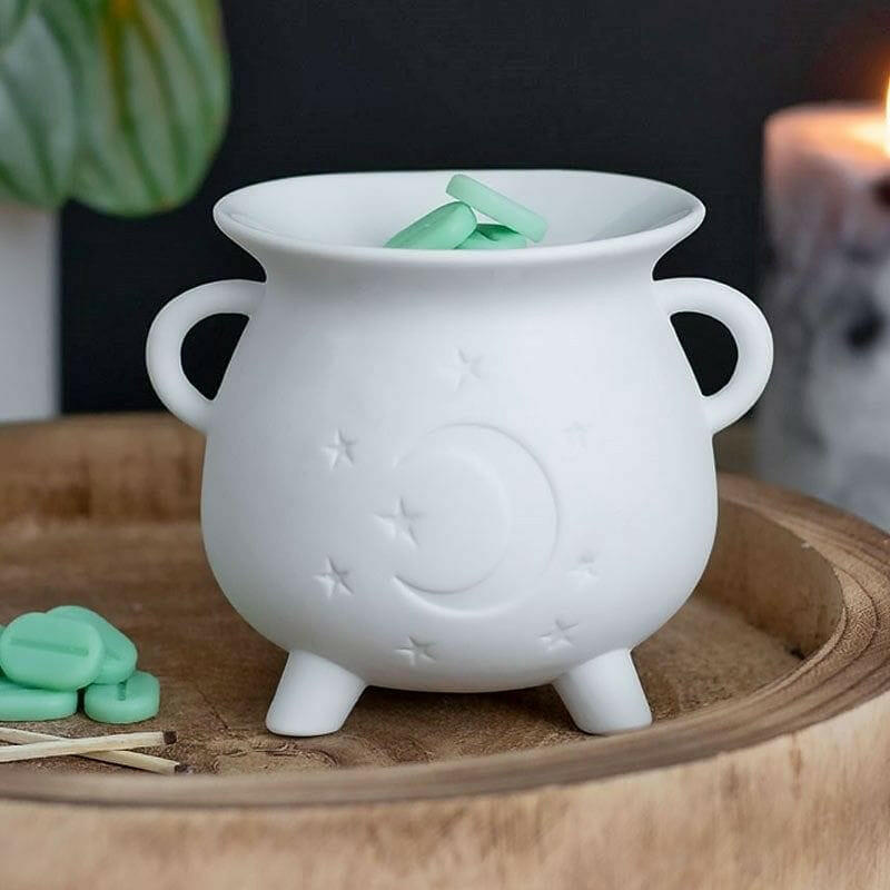 The Fashion Gift Shop: White Mystical Moon and Stars Cauldron Oil - Wax Melt Burner by Spirit of equinox, Oil Burner & Wax Melters