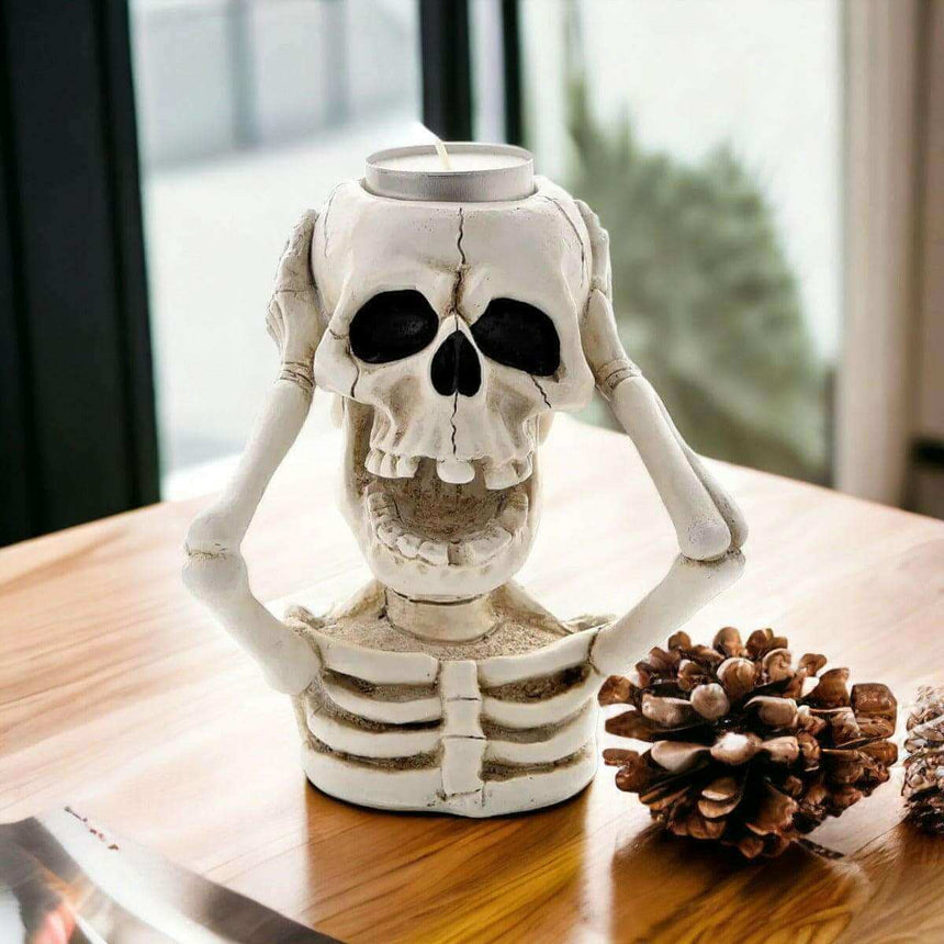 The Fashion Gift Shop: White Skeleton Tealight Holder Spooky Halloween Decor by Seasonal gift co, Tea Light Holder