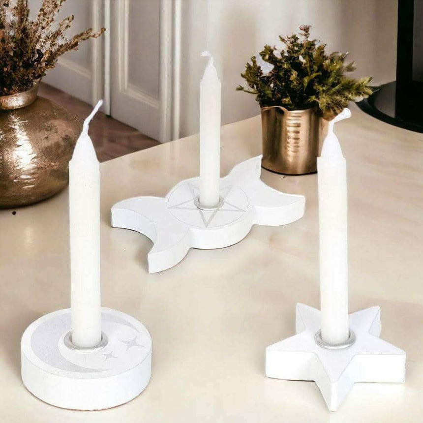The Fashion Gift Shop: White Spell Candle Holders 3 Designs Star Moons Mystical by Spirit of equinox, Candle Holders