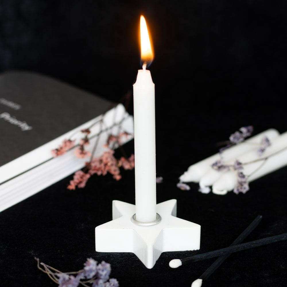 White Spell Candle Holders 3 Designs Star Moons Mystical by Spirit of equinox