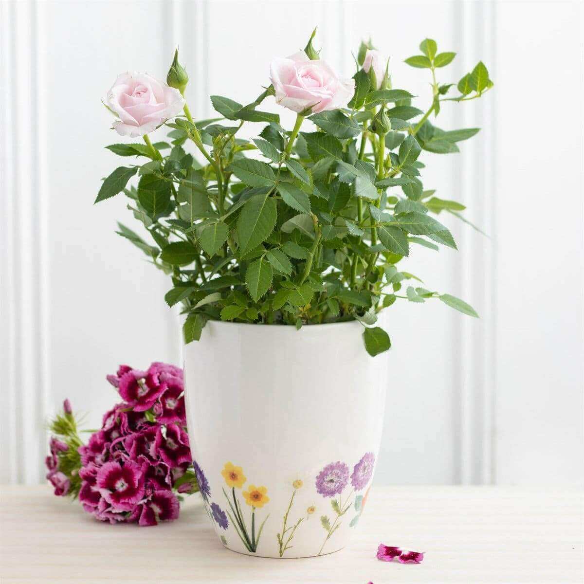 White ceramic plant pot with pink and purple wildflower artwork around base