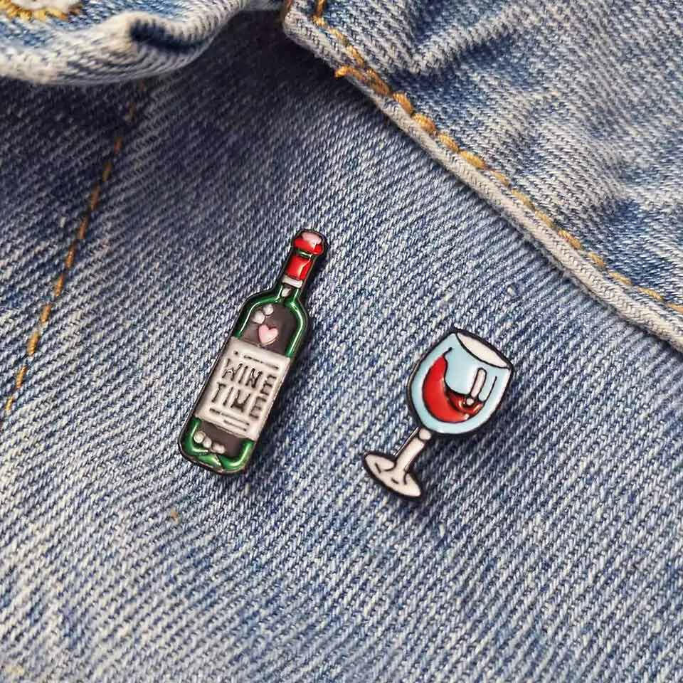 Wine Time Pin Badges Bottle Wine Glass Set by Fashion Accessories