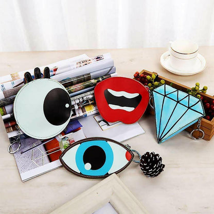 Novelty coin purse set featuring mint eyeball, red lips, and blue diamond designs
