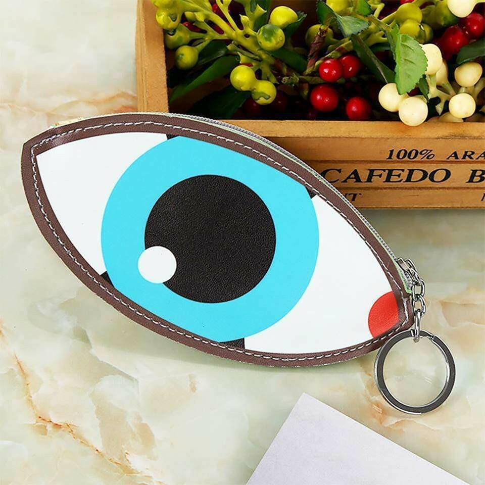 White and light-blue eyeball coin purse with brown stitched edge and keyring