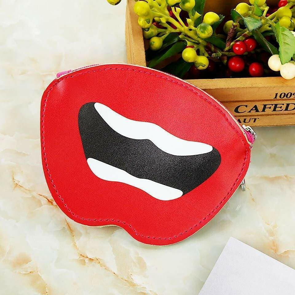 Red novelty coin purse with white lip graphic and metal zipper keyring