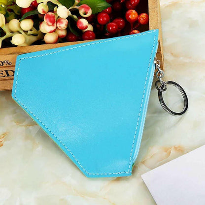 Blue triangular coin purse with stitched edges and metal keyring
