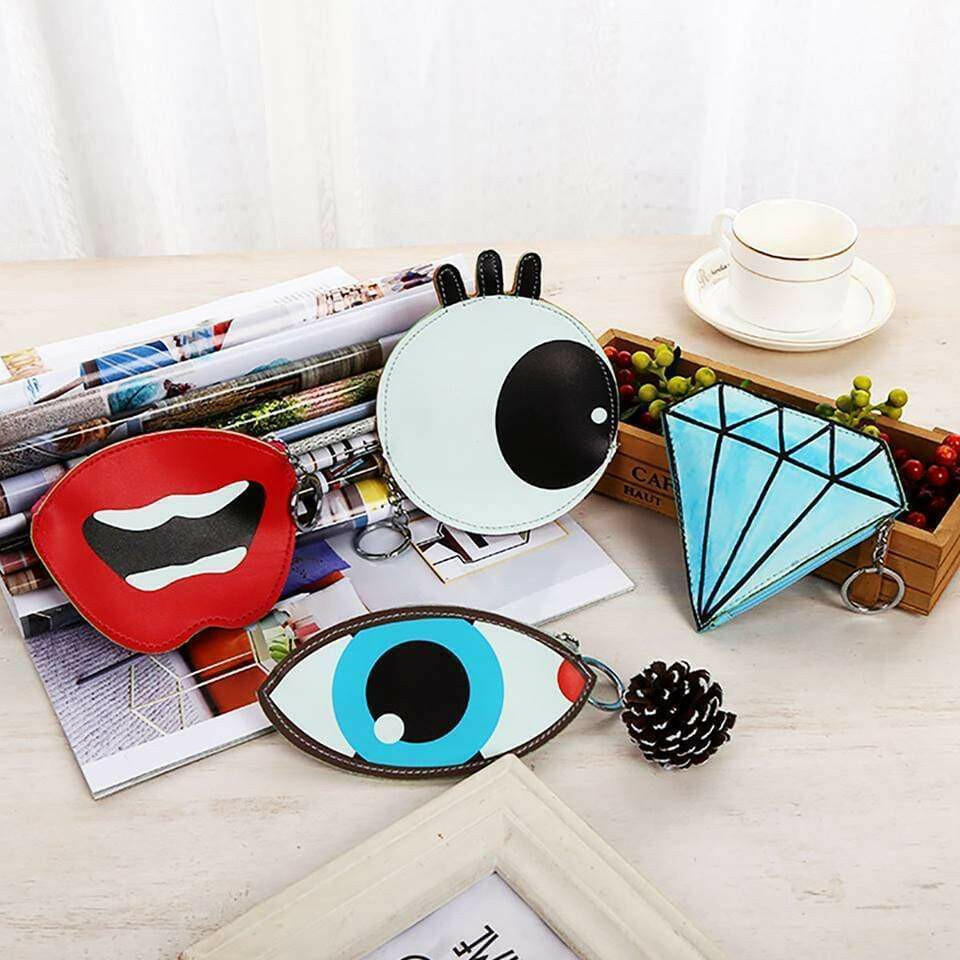 Novelty coin purse set with eyeball, lips, and diamond keychain designs