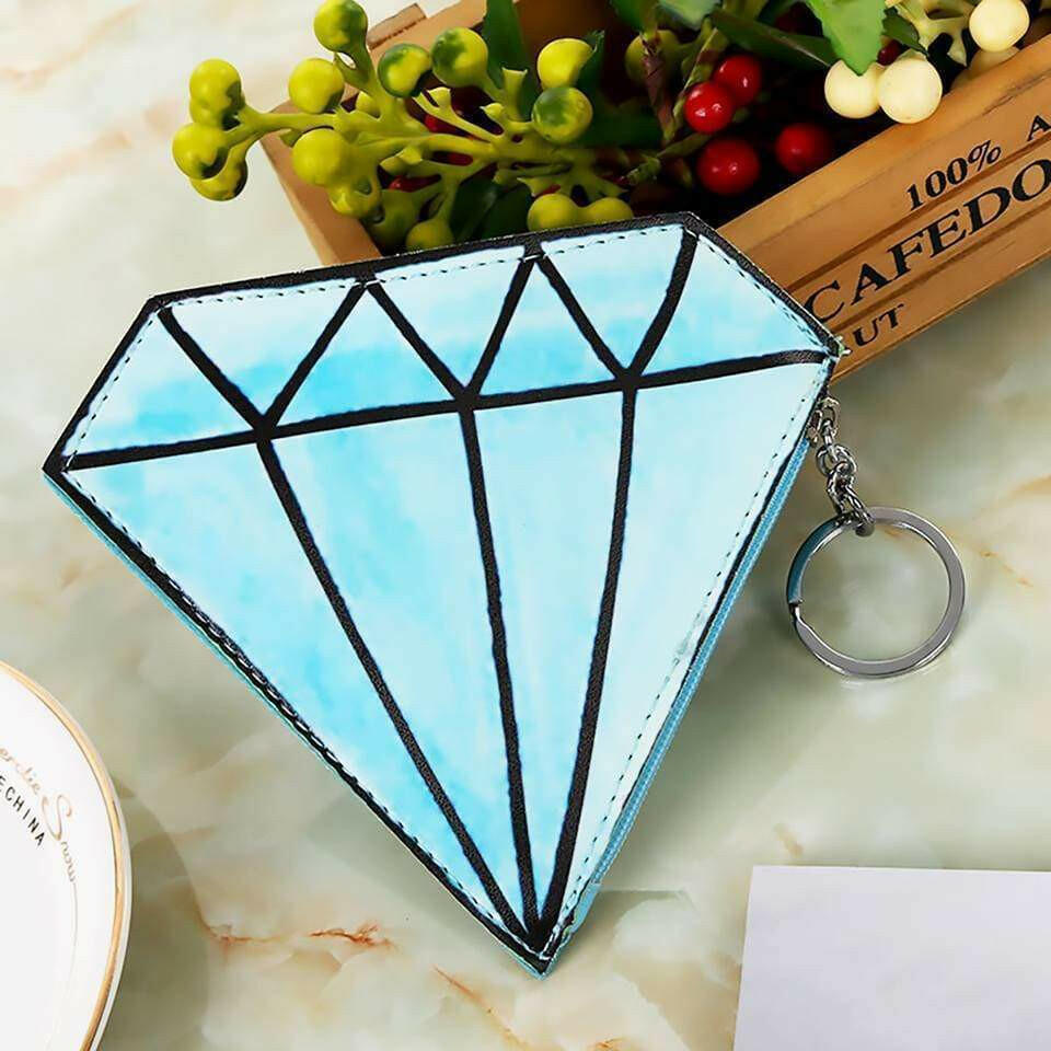 Blue diamond-shaped novelty coin purse with black stitched web design and keyring