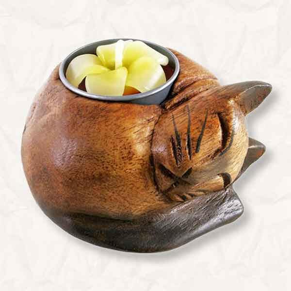 Wooden Curled-up Cat Tealight Holder Handcrafted from Acacia Wood by Spirit of equinox