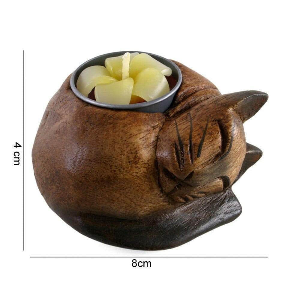 Wooden Curled-up Cat Tealight Holder Handcrafted from Acacia Wood by Spirit of equinox
