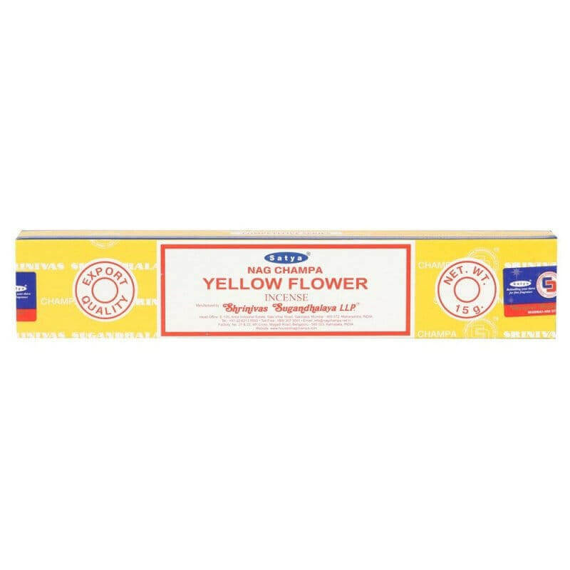 Satya Yellow Flower incense sticks retail box side with red label