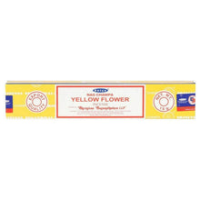 Satya Yellow Flower incense sticks retail box side with red label