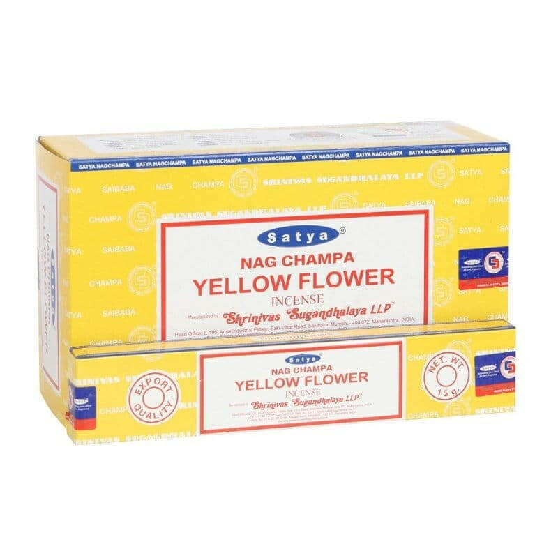 Satya Yellow Flower incense sticks in retail box with red label