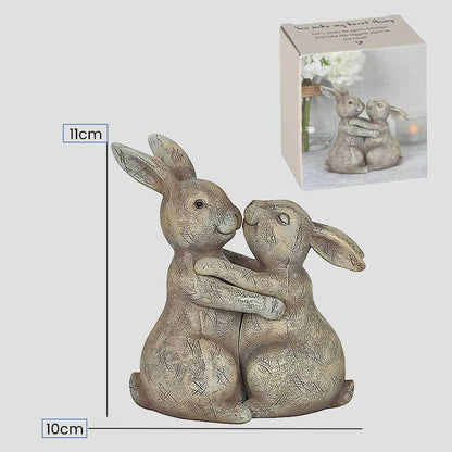 Beige bunny rabbit ornament pair hugging, product packaging with size markings shown