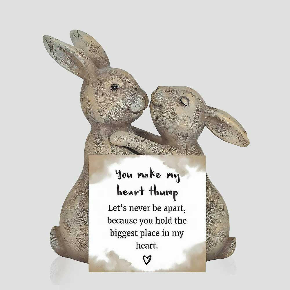 Beige bunny rabbit ornament pair hugging, heart note card with small text and heart