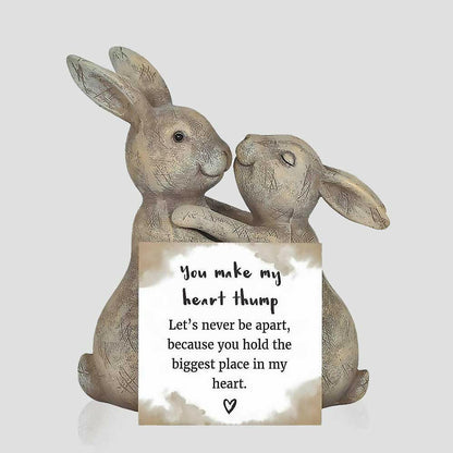 Beige bunny rabbit ornament pair hugging, heart note card with small text and heart